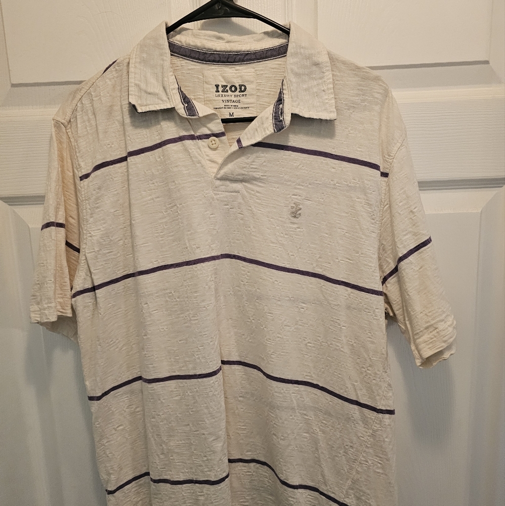 IZOD Men's Cream and Purple Striped Polo Shirt